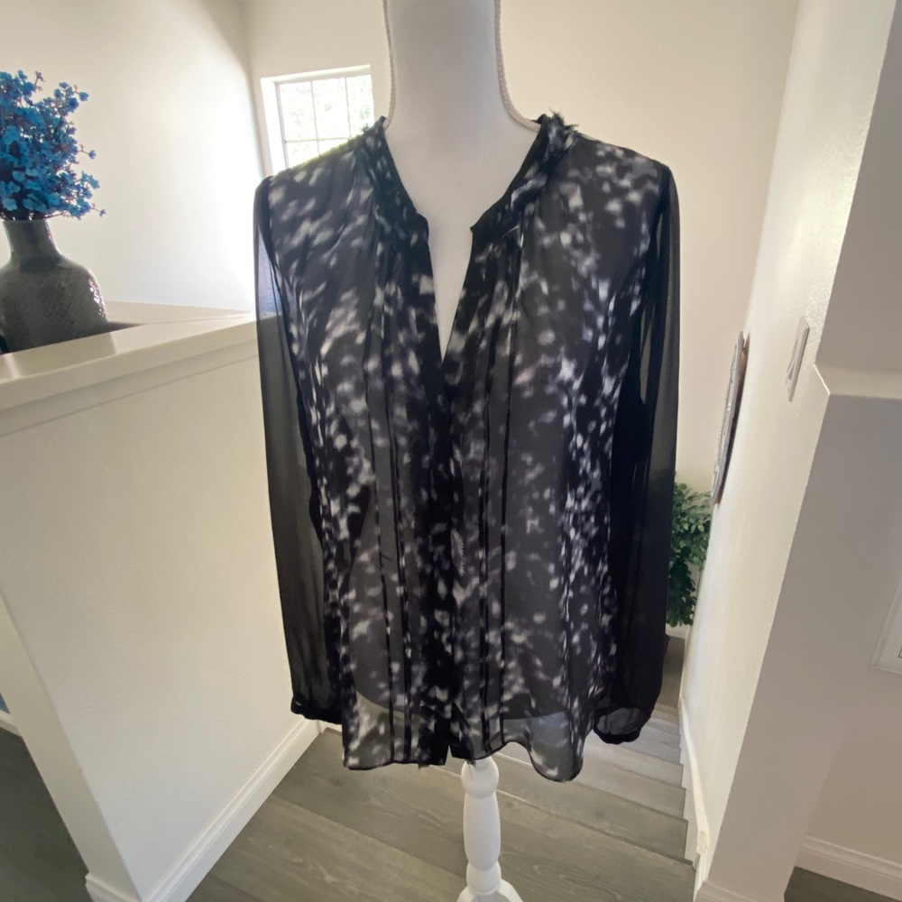 Elie Tahari black watercolor semi-sheer silk and leather trim blouse - Large